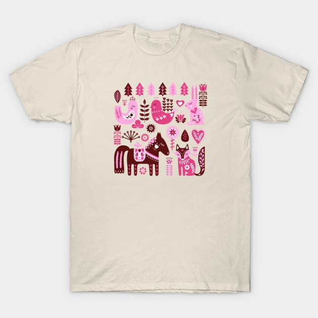 Raspberry And Cream Scandinavian Folk Art Forest Friends T-Shirt by LittleBunnySunshine